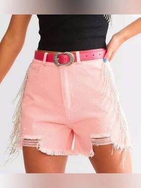 Blue B Rhinestone Fringe Shorts Pink Distressed XS Festival Western